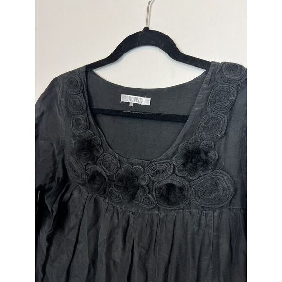 Monoreno black silk blend tunic mini dress - sz Md- floral applique whimsygoth - Picture 2 of 7